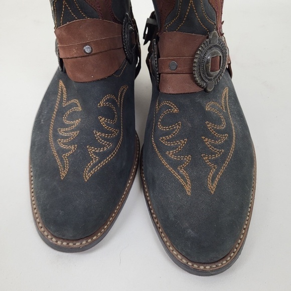 Vintage Two-Tone Cowboy Boots harness buckle black brown heel western cowgirl - Picture 11 of 12